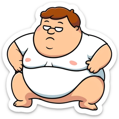 Peter Griffin from Family Guy with a huge pregnant belly, laying down on his back, sweating, exhausted expression, wearing his signature outfit sticker