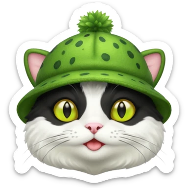 Black and white cat with a frog-shaped hat sticker