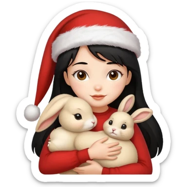 Girl black hair hugging one beige rabbit christmas sticker