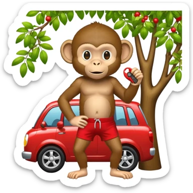 Monkey in a tree wearing red shorts with a car key in his hand sticker