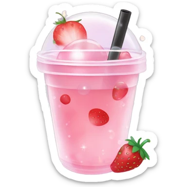 Fruit Bubble Tea "A pastel pink fruit-flavored bubble tea in a transparent cup, with glowing slices of strawberries and floating pearls that shimmer with a faint magical glow." sticker