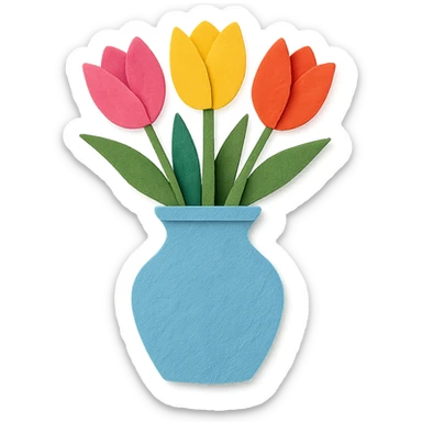 close-up of a vase filled with tulips, fine paper edges, vivid pink, yellow, and red tulips sticker