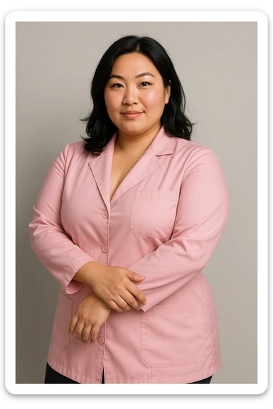 A beautiful white woman, Asian style, with black hair and a pink lab coat, posing confidently, slightly curvy. sticker
