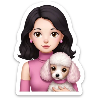  Un chica, con piel blanca, ojos cafés oscuros, con cabello negro, largo y poco ondulado, con camisa camisa rosa ajustada sin mangas y con cuello de tortuga sosteniendo un perrito pequeño de raza french poodle blanco con manchitas café en sus orejas sticker