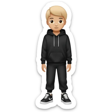A boy wearing black hoodie and a white and black shoes sticker