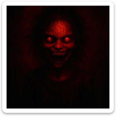 Change the color scheme to red and black with intense red lighting and shadows, using a horror palette. Keep all other details unchanged. sticker