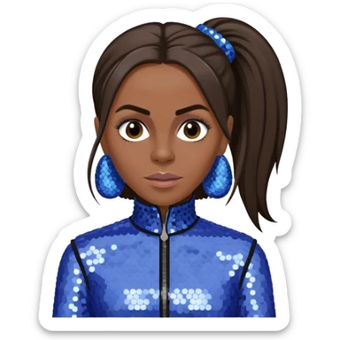 Mel C from Spice Girls with long dark brown ponytail hair, perwinkle sequin outfit sticker