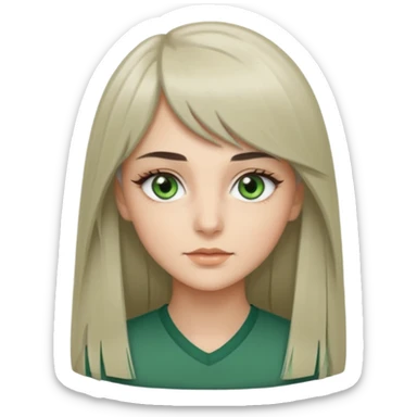 женщина с зелёными глазами, красивыми бровями, серо-бежевыми длинными волосами, с асимметричным пробором, прямой чёлкой, подстриженной каскадом sticker