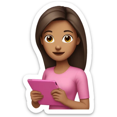 a brunette girl with a pink ipad sticker