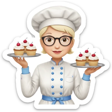 Older female pastry chef – round glasses, oven mitts on, holding a tray of cupcakes

 sticker