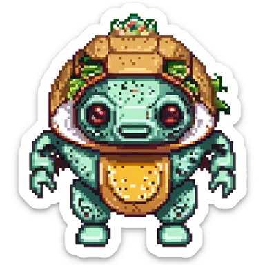 a cyborg robotic salmon who's body is made from a filled crunchy taco, with lettuce salsa meat and cheese. he is fish taco bot man his face and head, tail, and fins are metallic robotic construction, he has a slit visor across his face where his eyes should be like cyclops sticker