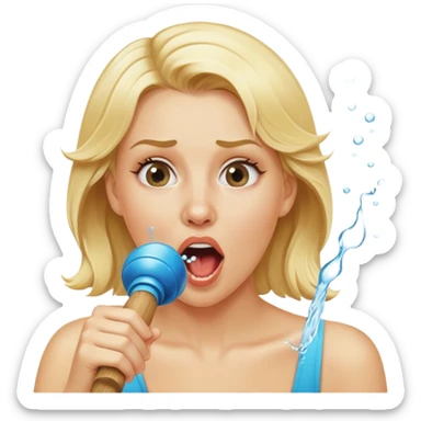 blond woman biting a wide skin-tone stick with a round knob, water jet shooting from the knob into her mouth, surprised look sticker