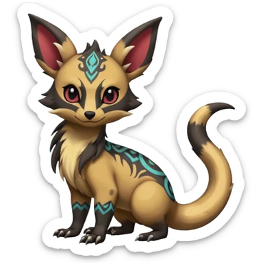 Rare warm-colored exotic cute epic aesthetic gothic colorful Salandit-Eevee-Civet-species-Fakemon-hybrid-creature, with tribal tattoo markings, full body sticker