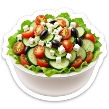 Cinematic Realistic Greek Salad Dish Emoji, depicted with crisp lettuce, tomatoes, cucumbers, olives, and feta cheese rendered with vibrant textures and fresh, natural lighting. sticker