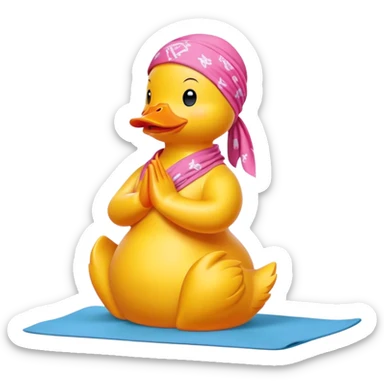 side view of yellow rubber duck with a pink bandana doing yoga while praying sticker