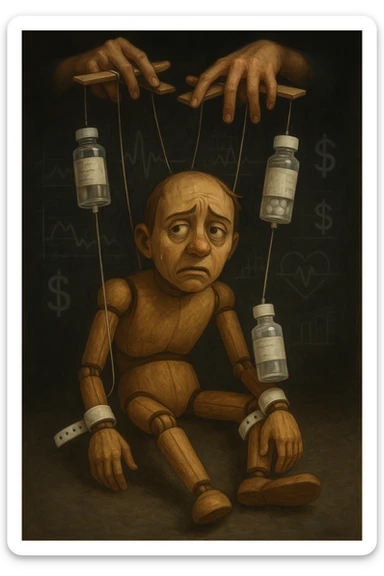 a marionette puppet with hospital bracelets and medication bottles as strings is controlled by unseen hands from above. The puppet’s face shows confusion and fatigue, representing the feeling of being managed by an invisible system. The background is dark, with faint images of medical charts and dollar signs. in italiano sticker