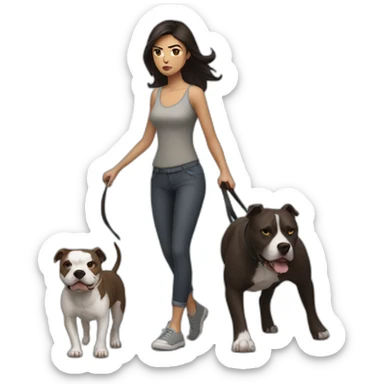 a woman with dark hair is angry and walks with a pitbull sticker