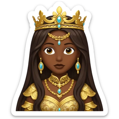 Bilquis from American Gods with dark skin, dark brown long hair, gold outfit sticker