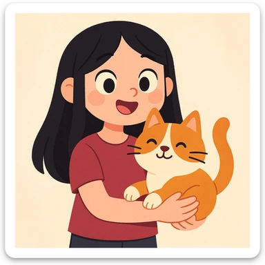 cute girl with straight long black hair, maroon shirt, holding a cat, soft pastel cartoon style sticker