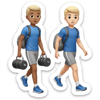 two boys walking, wearing gym clothes and carrying gym equipment, full body sticker