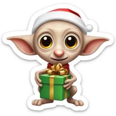 Dobby the house-elf wearing a tiny Santa hat, holding a wrapped gift with his big, joyful eyes shining sticker