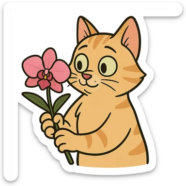 cat holding an orchid, western adult animation cartoon style sticker