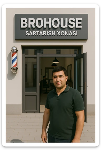 eni shu rasimga manashu odamga uxhshasin sartaosh eshik oldida tursin va tashqarida esa mijoz sticker