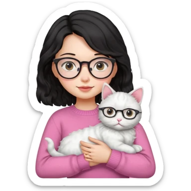 a girl with a black wavey hair, wearing a pink sweater and glasses, holding a cute white cat, only upper body, high quality. sticker