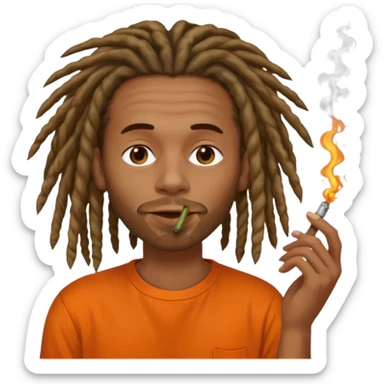 Brownskin man with long dreadlocks orange shirt smoking weed blunt in mouth sticker