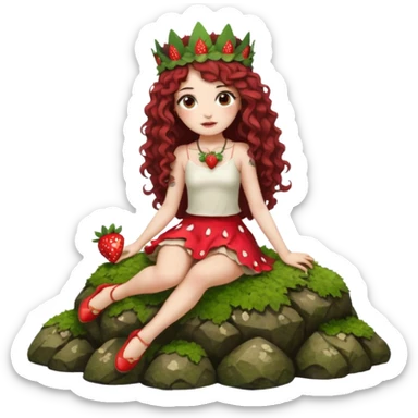 full body woman long curly brown hair brown eyes white skin tattoos sitting on moss rock wearing strawberry crown and short petal skirt sticker