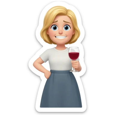 Happy girl, blond girl, mum, party vibe with ha skirt, with a glass of red wine and tired sticker