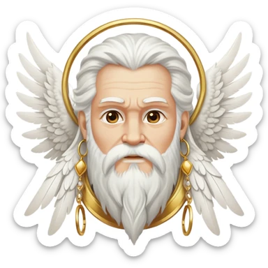 Zeus-like deity with large white feathered wings, long white hair and beard, wise expression, gold hoop earrings hanging from ears sticker