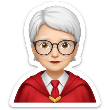 An older woman with glasses and white hair, in a red tie and cape sticker