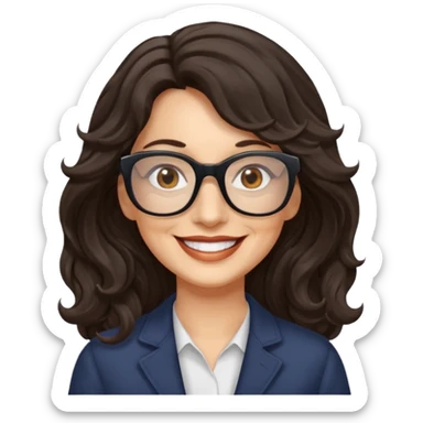 woman 60 long dark weavy hair, brown eyes rectangle dark glasses sticker