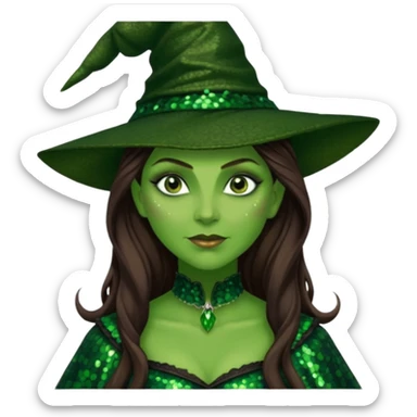 Elphaba, Wicked Witch of the West from The Wizard of Oz with long brown hair, dark green sequin outfit, green skin sticker