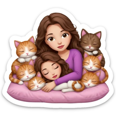 girl with long wavy brown hair, brown eyes, long lashes makeup, sexy pink lips, light to medium complexion,  sleeping on a cozy pillow, with 6 cute cats, sleeping sticker