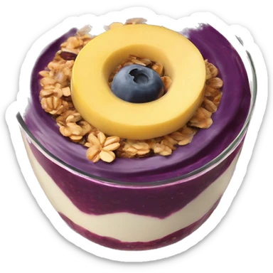 Açaí in a clear cup with layers of fruits and granola and condensed milk sticker