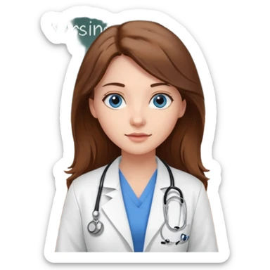 university classroom that says nursing school on the board with a pretty female nursing student with long brown hair, blue eyes sticker