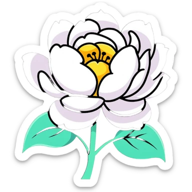 A white peony flower with golden center sticker