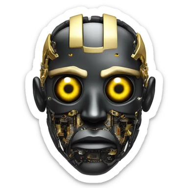 black metal male cyborg head with  one artificial eyeball, circuitry, goatee and dreaded yellow gold hair sticker