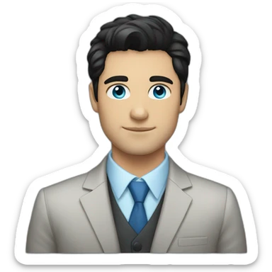 black hair, 30 years old, caucasian, blue eyes, blazer sticker