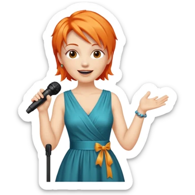 singer, Middle age, orange hair, happy, holding mic, wearing dress sticker