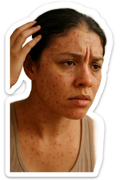 A highly realistic, cinematic close-up portrait of a young woman in her late 20s with medium skin tone, displaying visible folliculitis and seborrheic dermatitis. Small, red, inflamed follicular papules and pustules are scattered along her hairline, jawline, and upper neck, indicating folliculitis. Her scalp and areas around the nose and eyebrows show flaky, greasy yellowish scales, with redness and irritation, indicating seborrheic dermatitis. Her hair appears slightly greasy and clumps near the scalp, emphasizing excess sebum production. She gently touches her irritated scalp with concern while looking at herself in a softly lit bathroom mirror, expressing discomfort and frustration. The environment is neutral and clean, with daylight softly illuminating the scene to highlight the skin and scalp texture. The style is 35mm hyperrealistic, with warm neutral tones and shallow depth of field to maintain focus on her skin, inflammation, and emotional expression, visually explaining the physical discomfort and aesthetic concerns of living with folliculitis and seborrheic dermatitis sticker