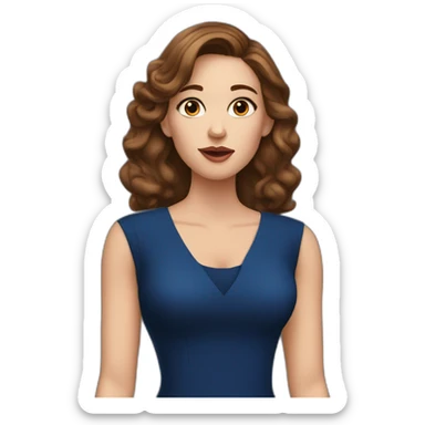 A white woman with brown hair, blowing a kiss, wearing a dark blue dress, and long earrings sticker
