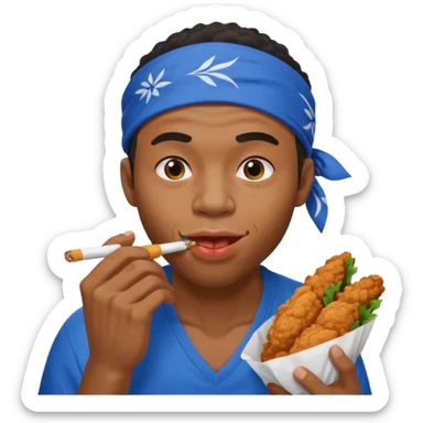 black man eating fried chicken with blue bandana and cigarette in teeth sticker