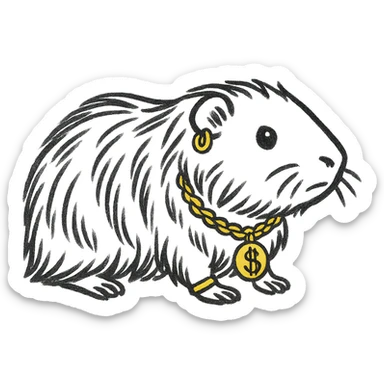 Make the guinea pig long-haired, black and white, with a strong muscular build and gold accessories, keep the style and no background. sticker