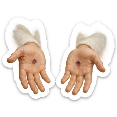 Jesus' hands after resurrection, palms open with visible but healed nail marks, soft light, spiritual atmosphere, serene and holy sticker