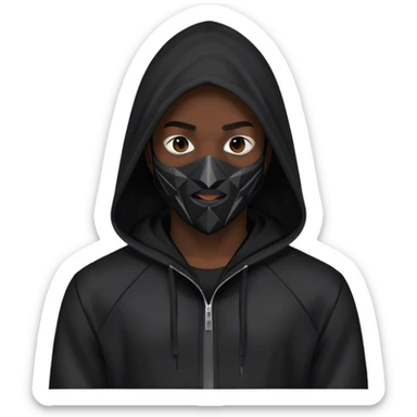 man with black hooded jacket and a full-black full-face geometric mask sticker