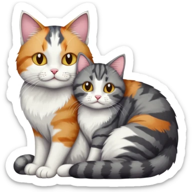 full body colourful light patched calico + white tabby cat cuddling a bigger cat that is dark grey and white tabby cat  and they are in love sticker