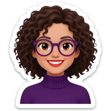 fair-skinned girl with brownish black eyes, roundish ovalish dark purple glasses, curly dark brown hair, purple turtle neck sweater, smiley red lips sticker